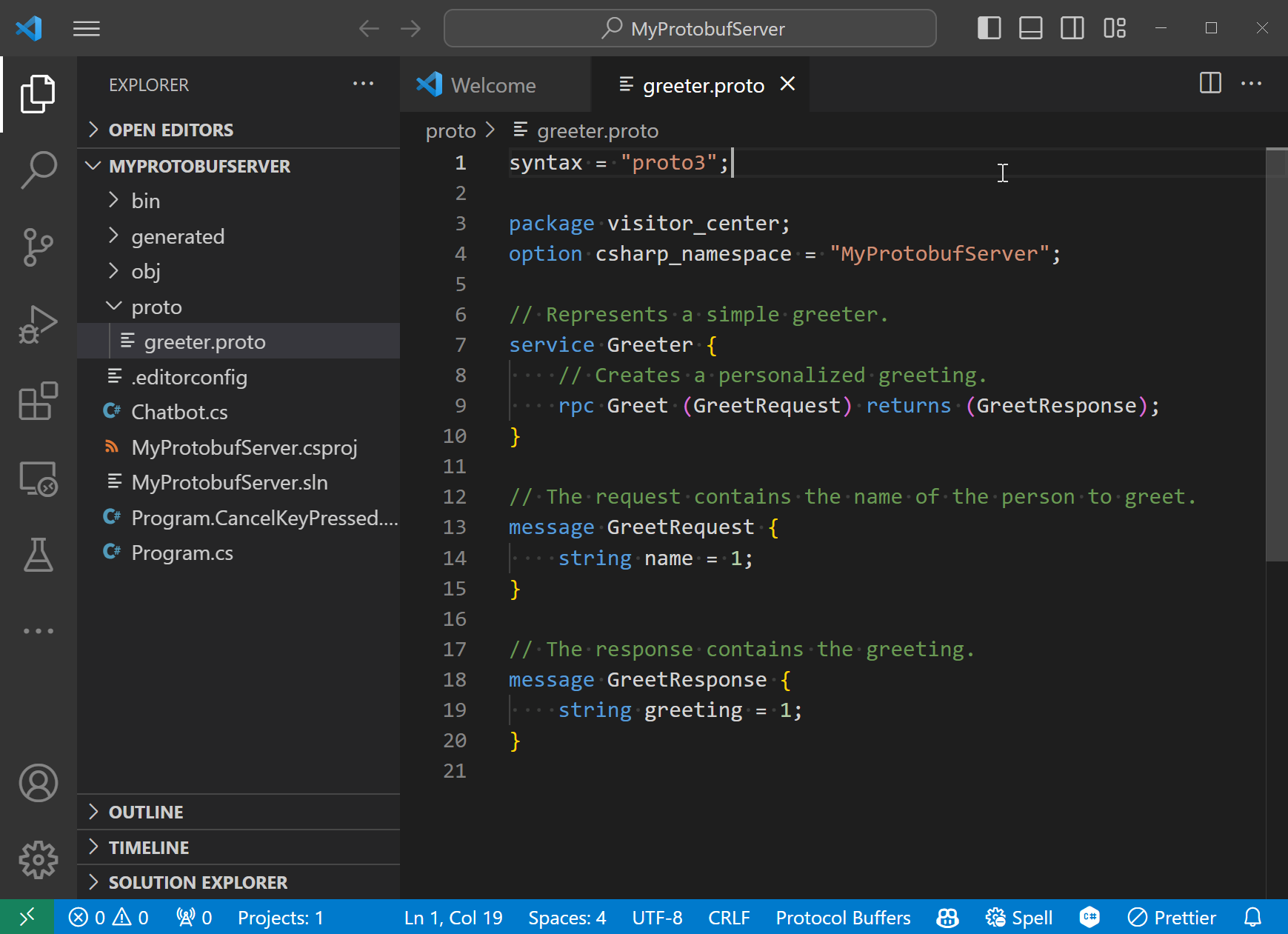 MyProtobufServer in Visual Studio Code